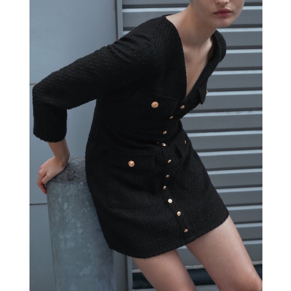 LAST1️⃣ ZARA | NWT GOLD BUTTONED TEXTURED DRESS BLACK SMALL - Picture 5 of 9